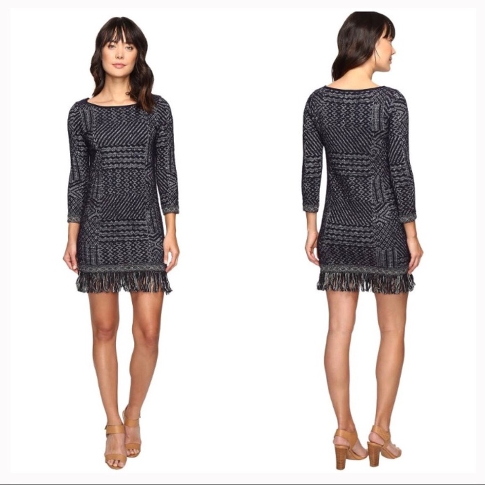 Lucky Brand Knit Fringe Jacquard Shift Dress Boho
